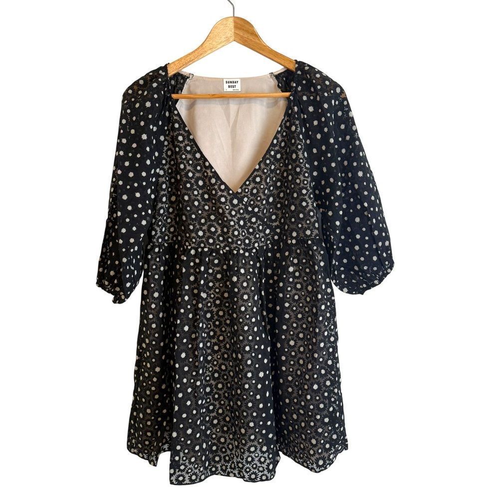 Sunday Best Black, Cream Bonita Floral Puff Sleeve Boho Babydoll Mini Dress